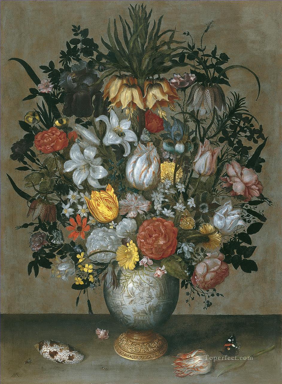 Bosschaert Ambrosius 花の貝殻と昆虫が描かれた中国の花瓶油絵